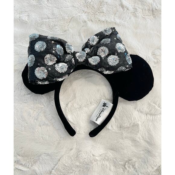 New Disney Parks MINNIE MOUSE EARS Silver Black Polka Dot Sequin Swap Your Bow - Picture 2 of 8